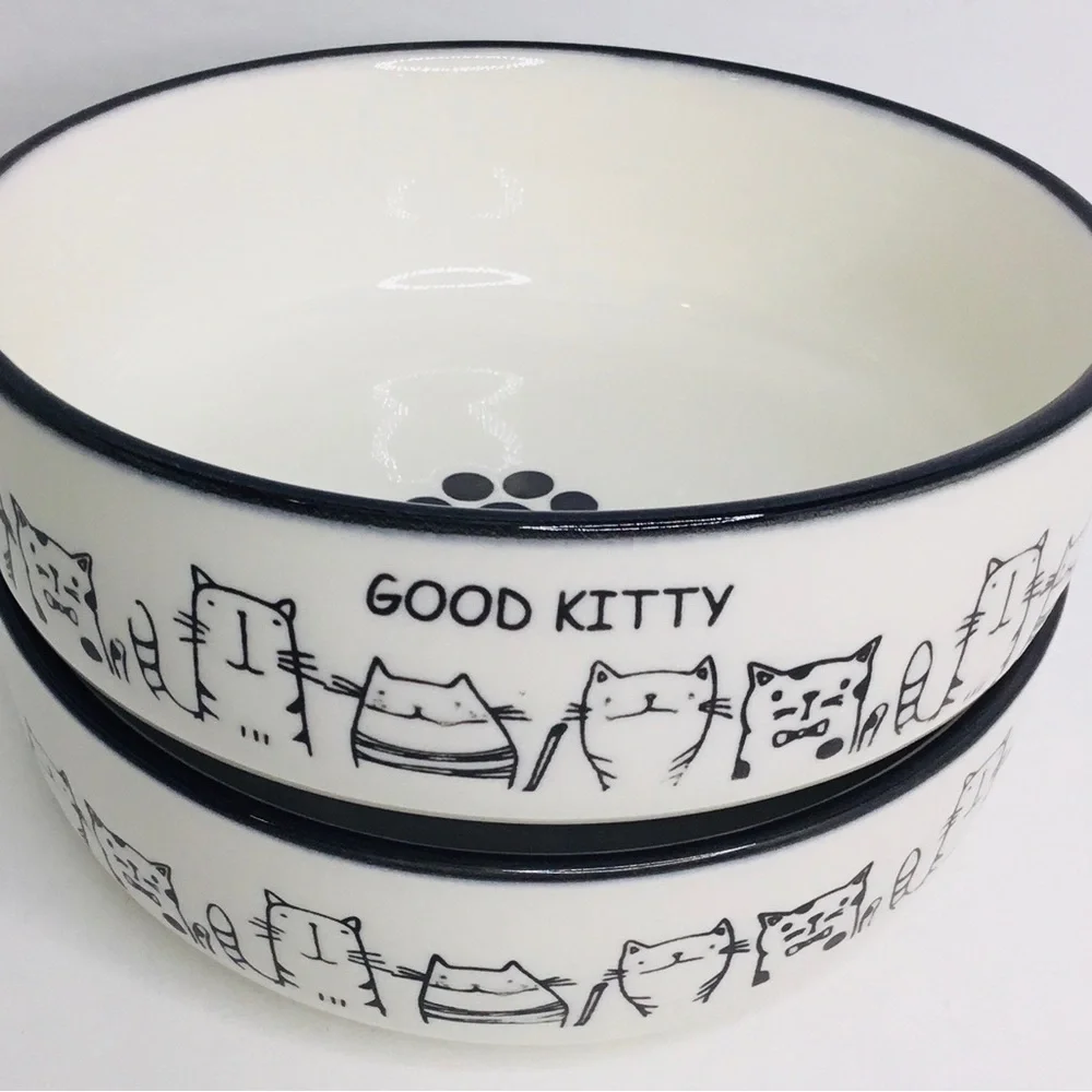 2 Good Kitty White Ceramic Pet Bowl 5” New